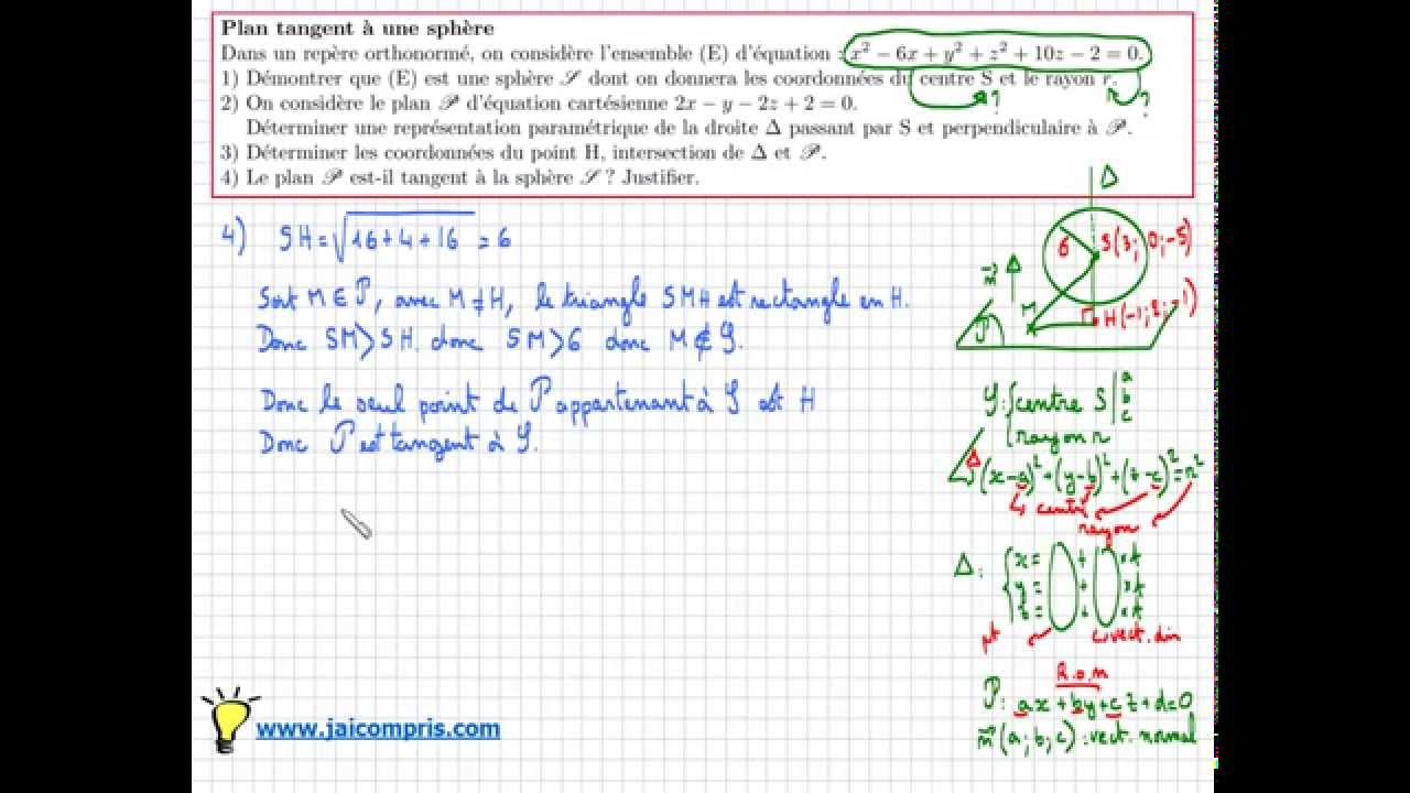 équation de sphère - plan tangent à une sphère - exercice type bac IMPORTANT