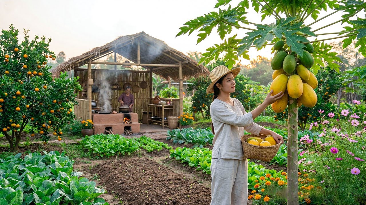 Country Life: Tending the vegetable garden, harvesting papaya and preparing papaya chicken stew