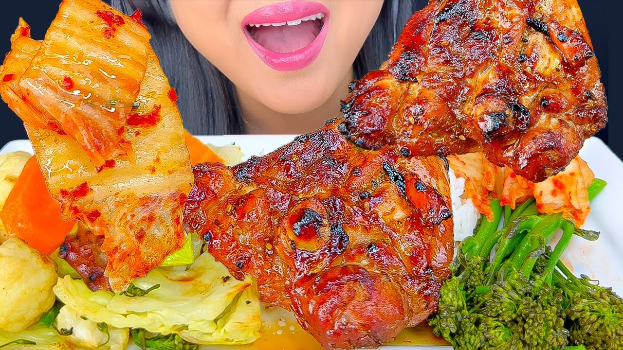 ASMR TERIYAKI GRILLED CHICKEN, BUTTERED VEGGIES AND KIMCHI (Mukbang)