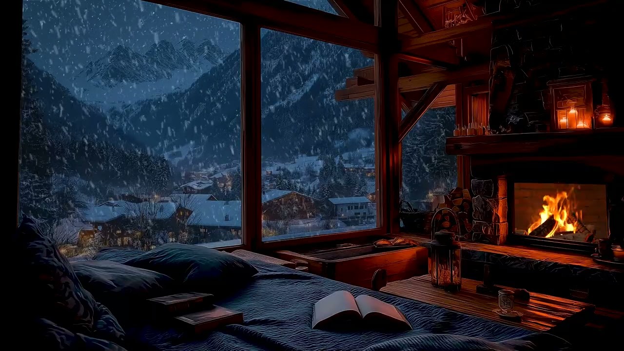 ❄️ Winter Serenity Room | Fireplace Crackling & Light Snowfall for Deep Sleep