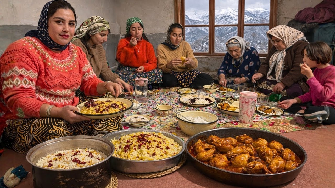 Snowy Village Life in Northern Iran | Farm Work, Rooster Stew & Kaachi Halva with Firewood Tea 🌧️🔥🐓