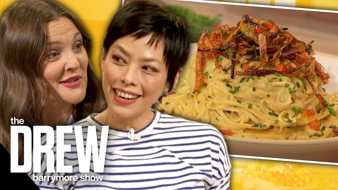 Drew and Chef Pilar Valdes Cook Chickpea Carbonara with Shiitake Bacon and Crispy Leeks