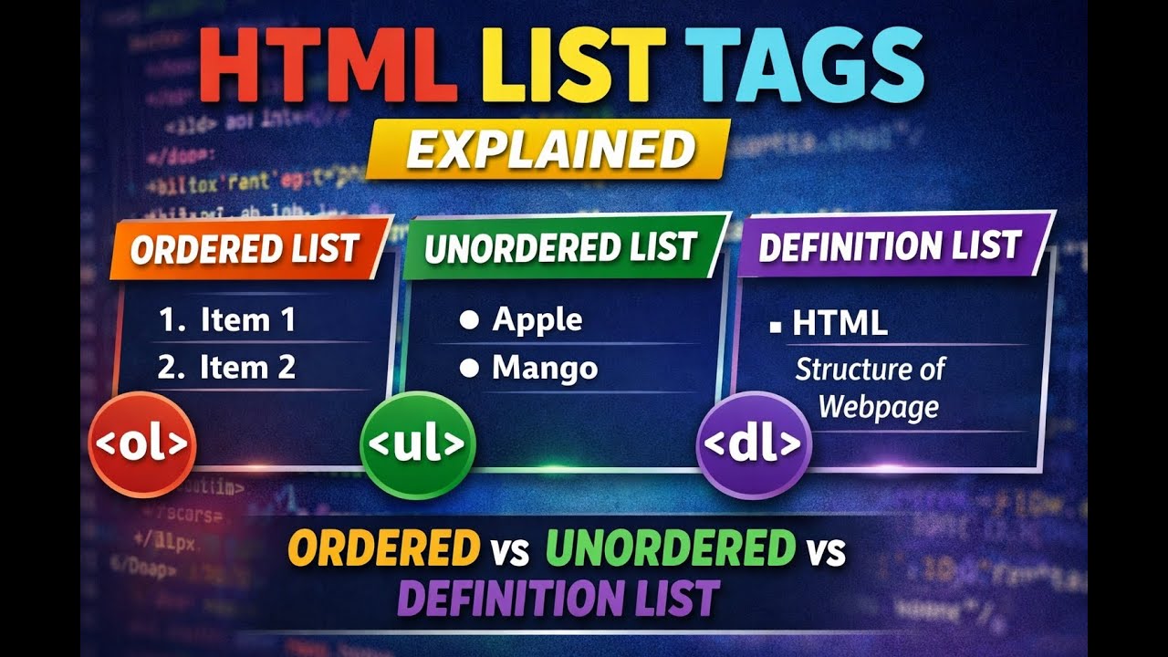 HTML List Tag Explained | Ordered, Unordered & Definition List | Type Attribute | SEBA HSLC
