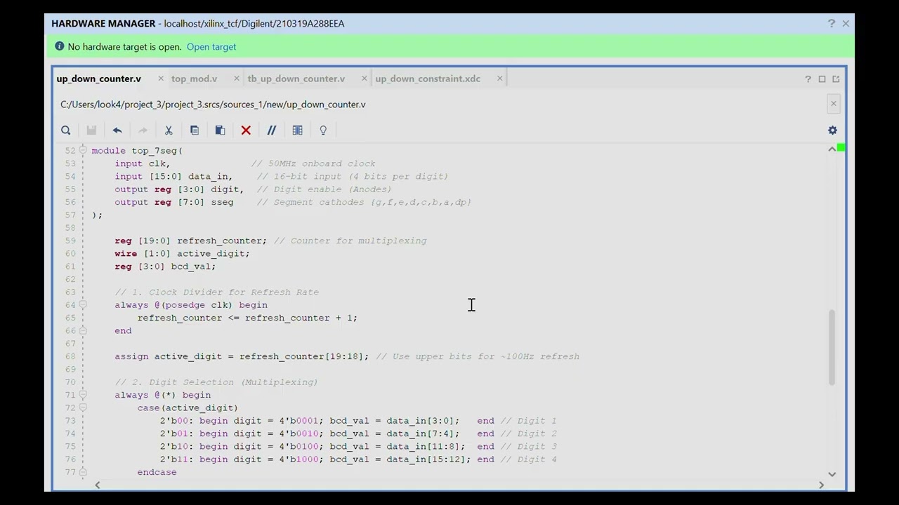 Verilog FPGA Project - Controlling 7 segment display using up-down counter on Edge Spartan 7 FPGA