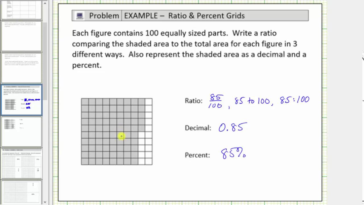 Use a Shaded 10 by 10 Grid to Write a Ratio, Decimal, and Percent
