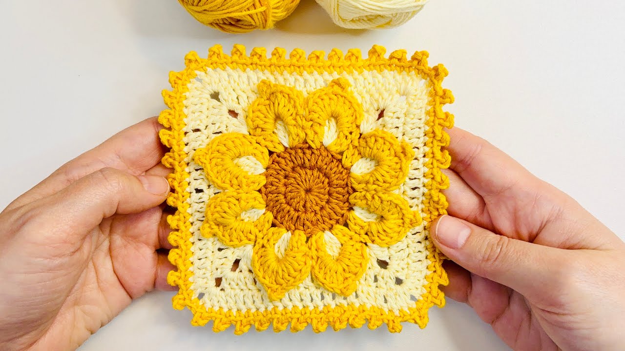 🌻 Sunflower Granny Square Crochet ✨ Picot Stitch Egde ✨ Step by Step Tutorial