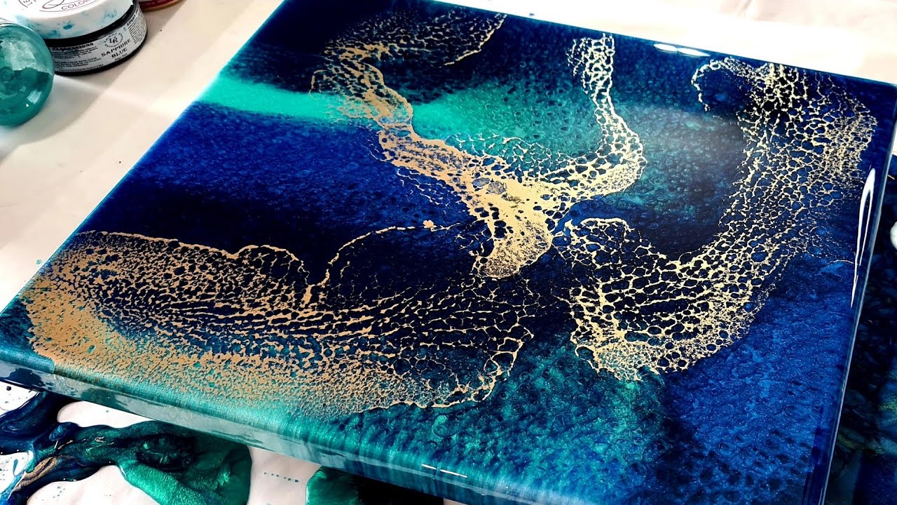 #993 Resin Pour Painting On Canvas With Cells And Amazing Metallic Gold Lacing
