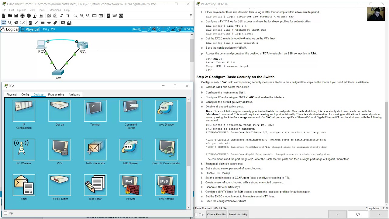 16.4.6 Packet Tracer - Configure Secure Passwords and SSH