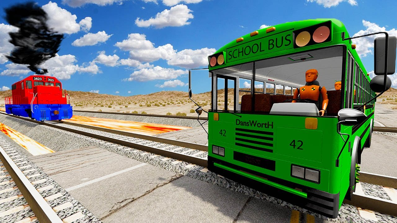 Trains vs Lava Crossing Road and Double Rails Tractor Rescue Stuck Cars and Buses - BeamNG Drive 013