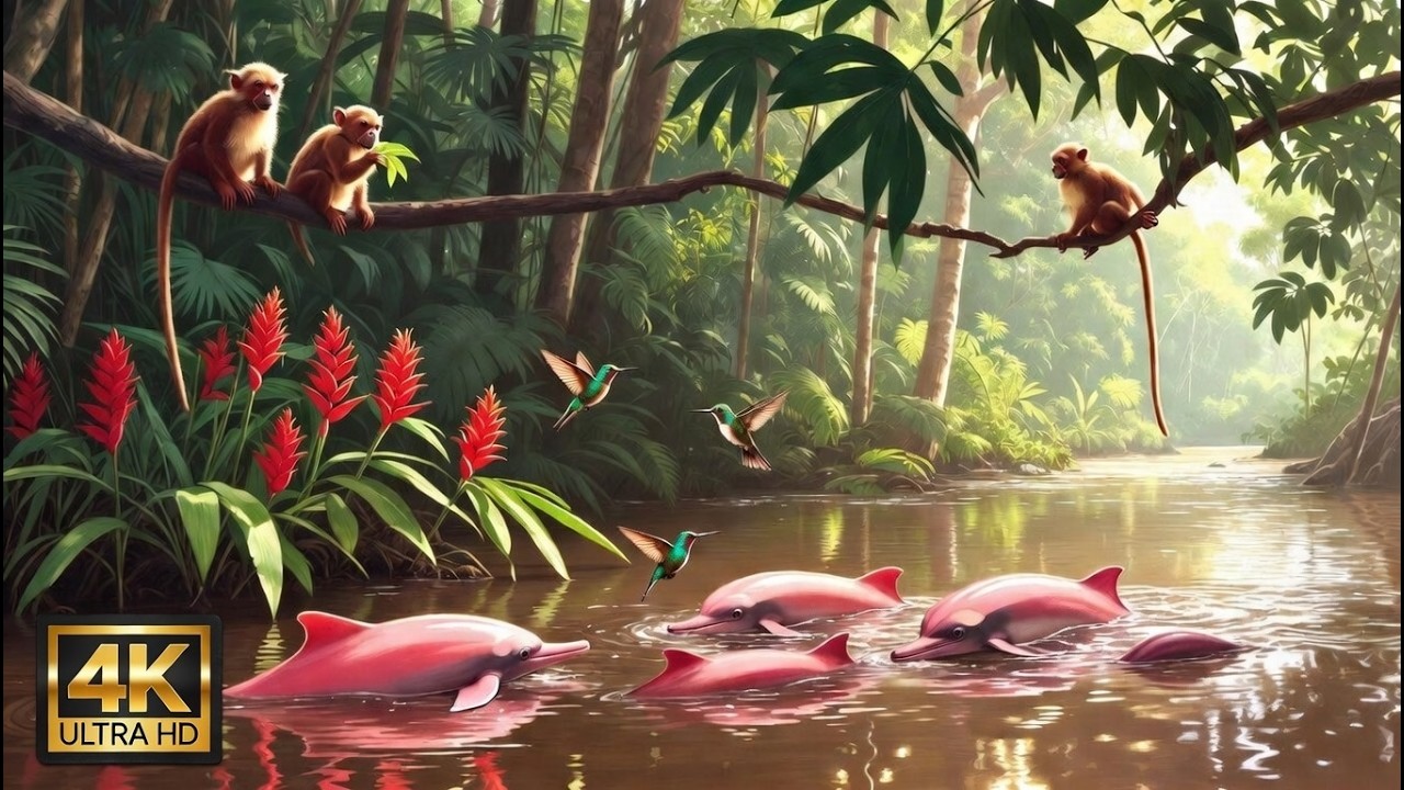 Relaxing Walk In The Amazon: Pink Amazon River Dolphins, Hummingbirds, Little Monkeys | 4K ULTRA HD