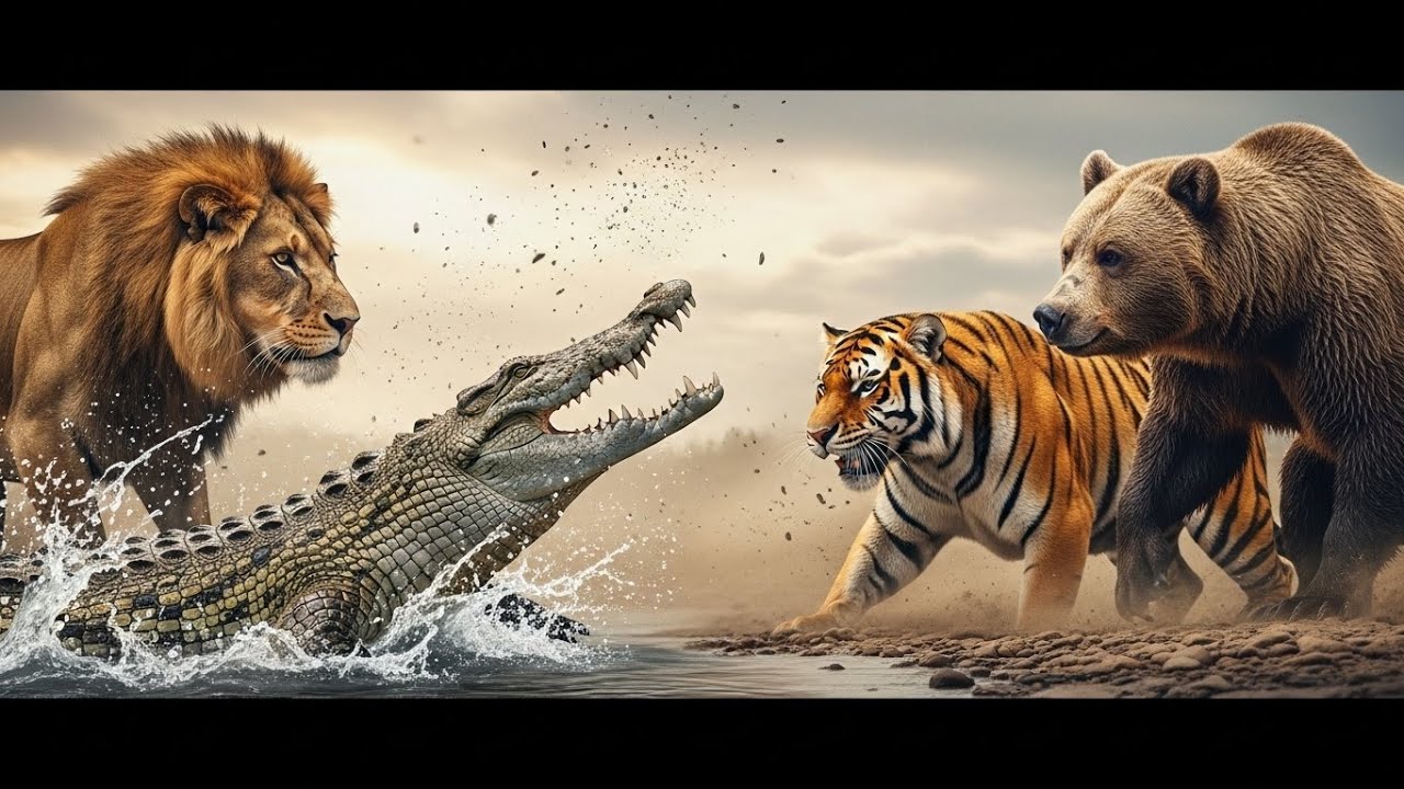 Prehistoric Crocodile vs Lion, Tiger & Grizzly Bear &ndash; Quad Beast Clash | Cinematic Wildlife Battle