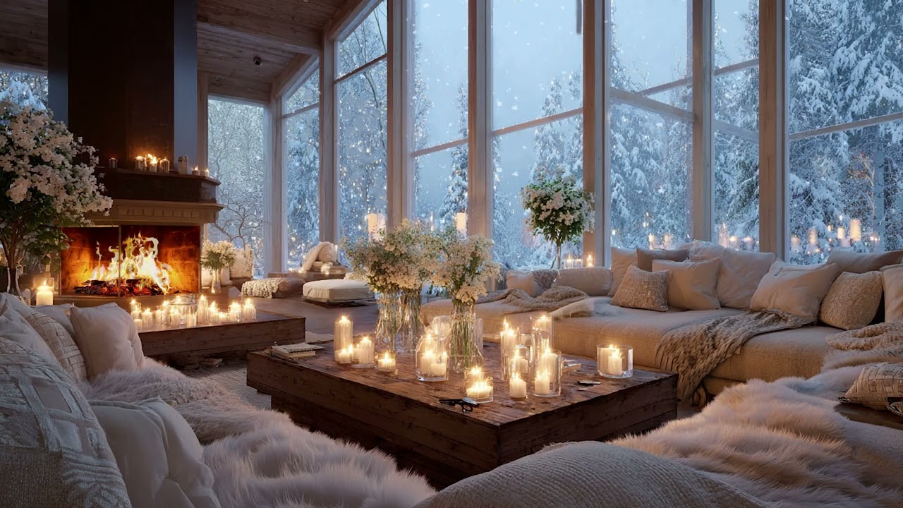 Cozy Winter Living Room with Snowy Forest View & Relaxing Wind and Fireplace Sounds for Deep Calm