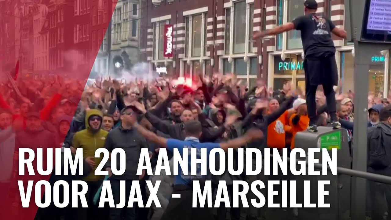 Supporters Marseille vanaf Dam naar Arena voor wedstrijd Ajax