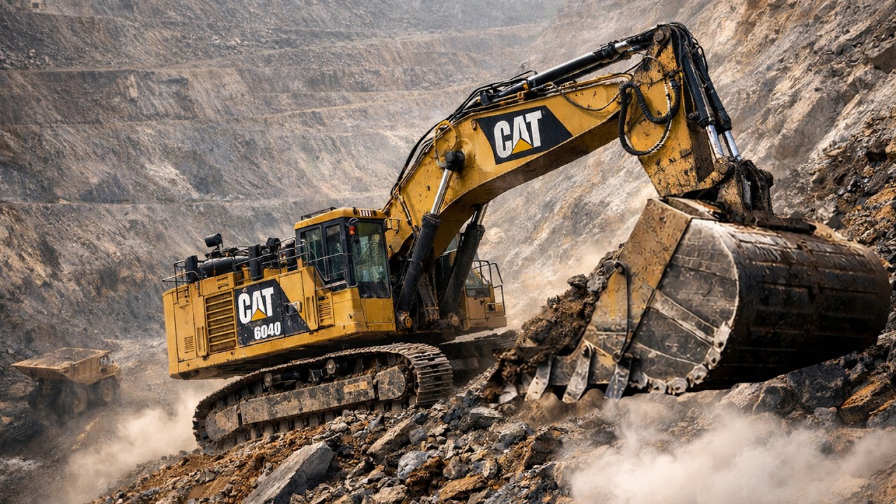 Extreme Mining Excavator – Caterpillar 6040 Working on a Steep Slope!