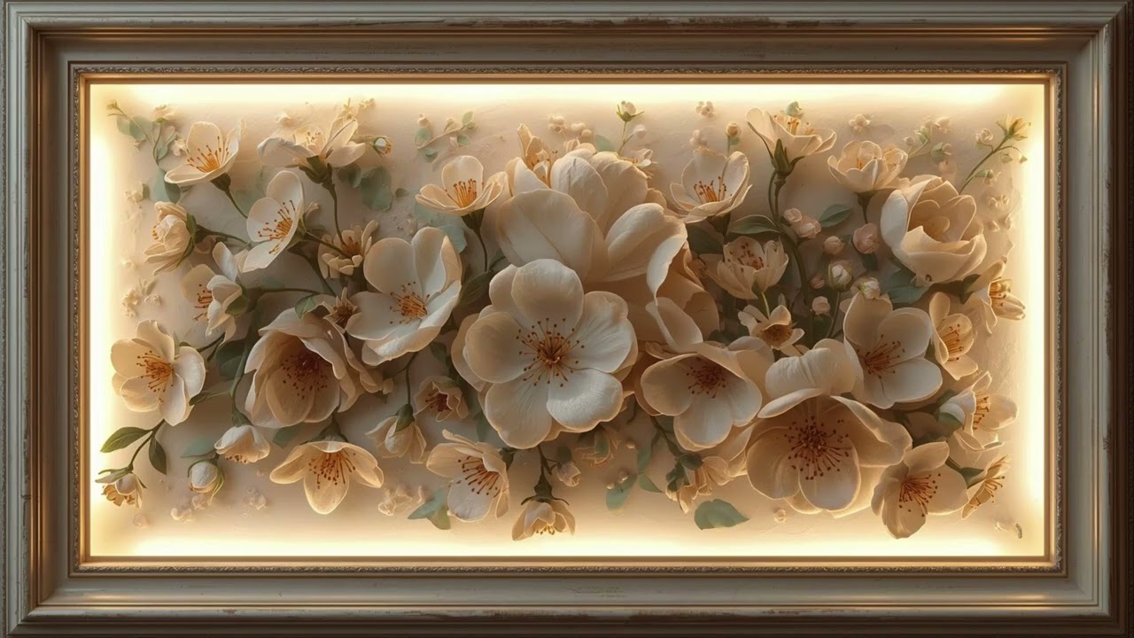 2 Hours Framed Painting Screen | Elegant 3D White Floral Relief Art | 4K