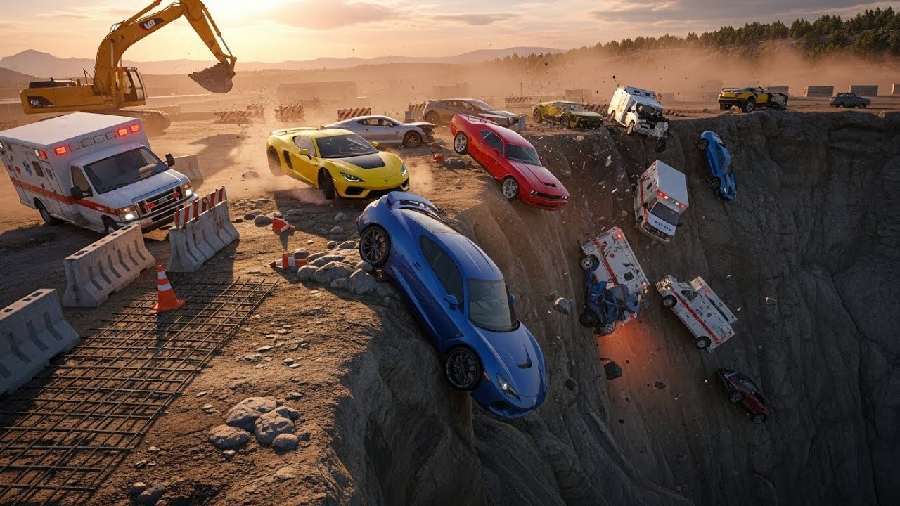 Construction Zone Cliff Drop – Sports Cars and Ambulances Skidding Off ! BeamNG.DRIVE