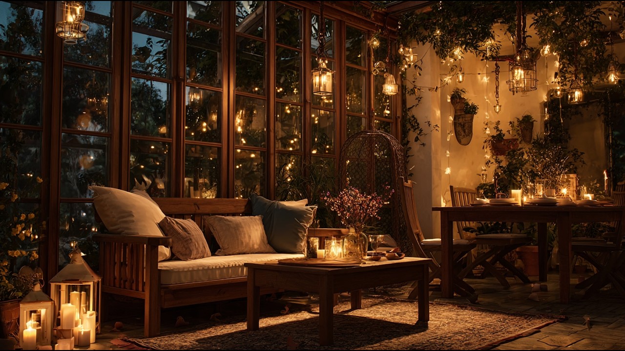 Cozy Garden Night Jazz ☕ Warm Lights Relaxing Jazz Music in Beautiful Indoor Garden