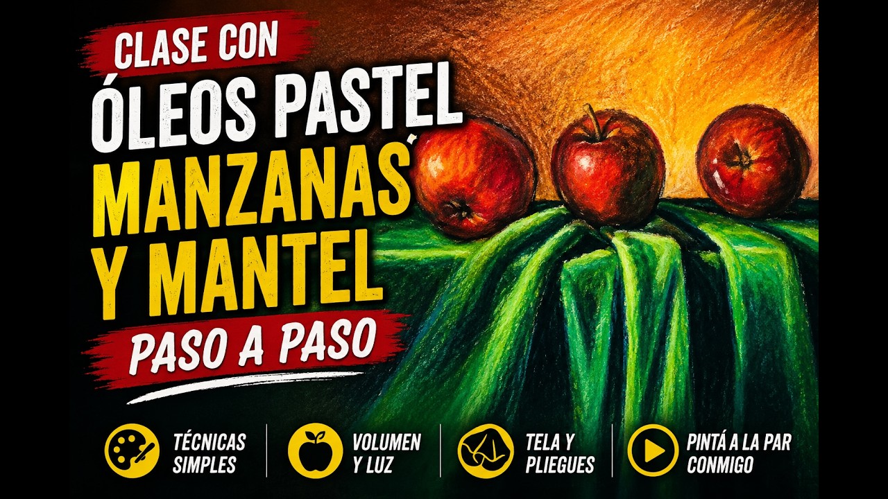 Clase con óleos pastel. Manzana y mantel