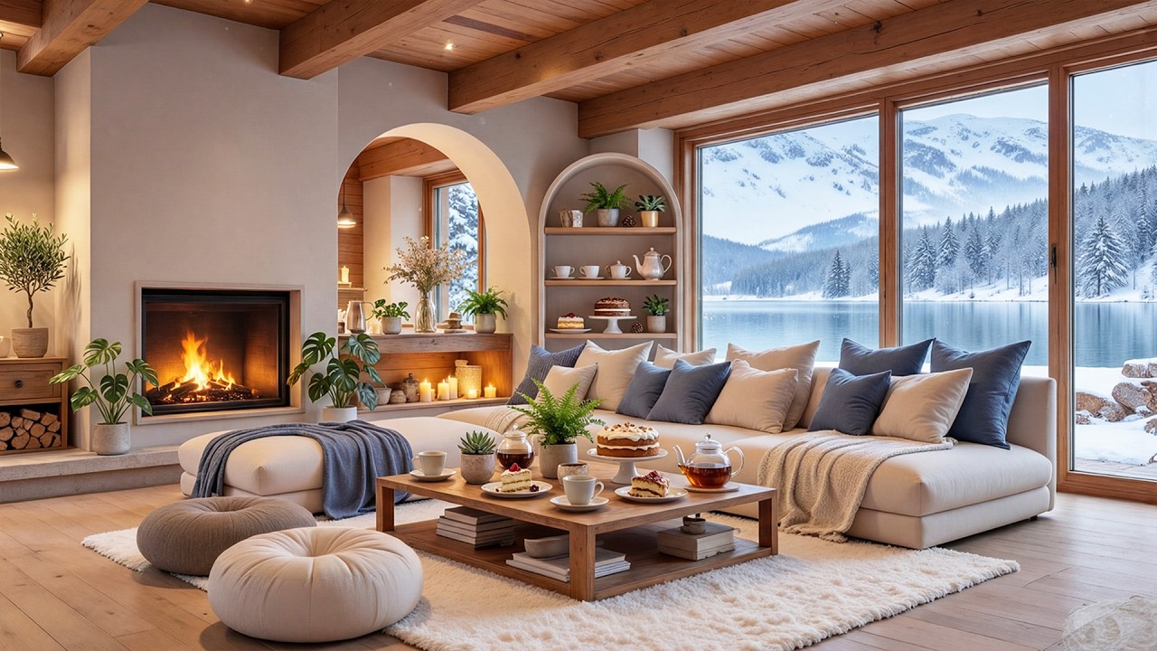 Winter Living Room Ambience ⛄ Soothing Piano Music With Snowy Forest Views For Stress Relief