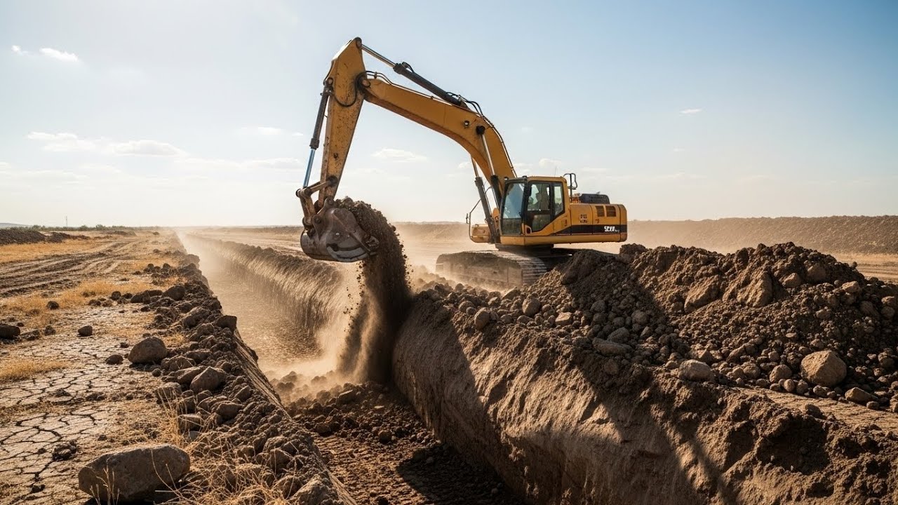 CAT Excavator Digging Massive Ditch! (Heavy Equipment in Action)