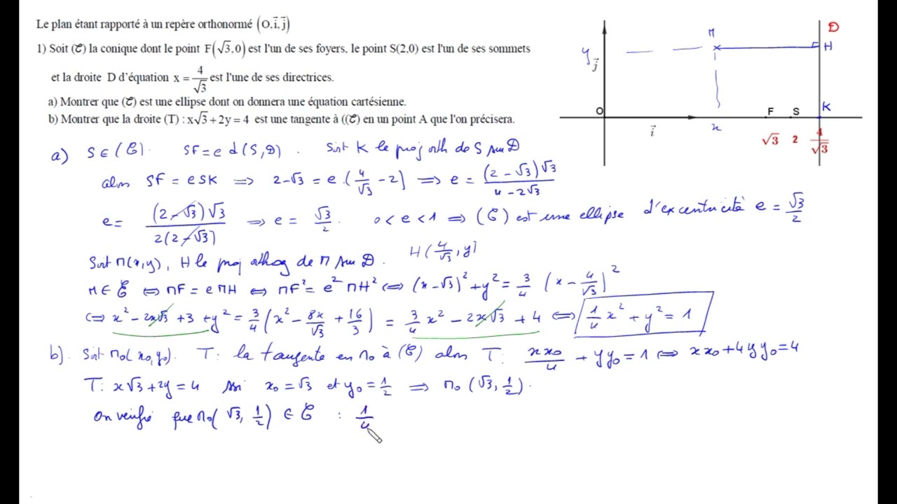 06 Exercices :  Ellipses. Calcul analytique : Equation/ Tangente en un point/ Foyers/ Directrices.