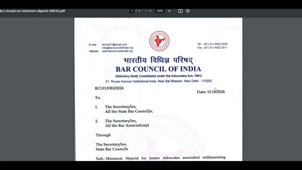 BCI Order Minimum Salary for Junior Advocates ₹15,000 - ₹20,000
