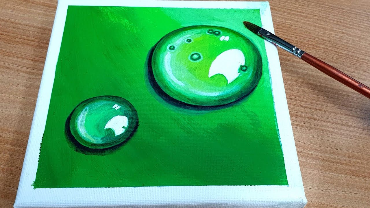 Water drops Acrylic  painting on canvas Step by Step #74/Green Water drops Drawing/Satisfying ASMR