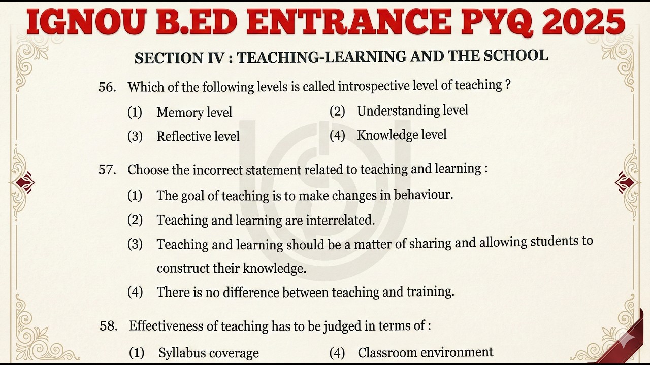 IGNOU B.Ed Entrance Previous Year Question Paper 2025 | Teaching Learning and The School PYQs