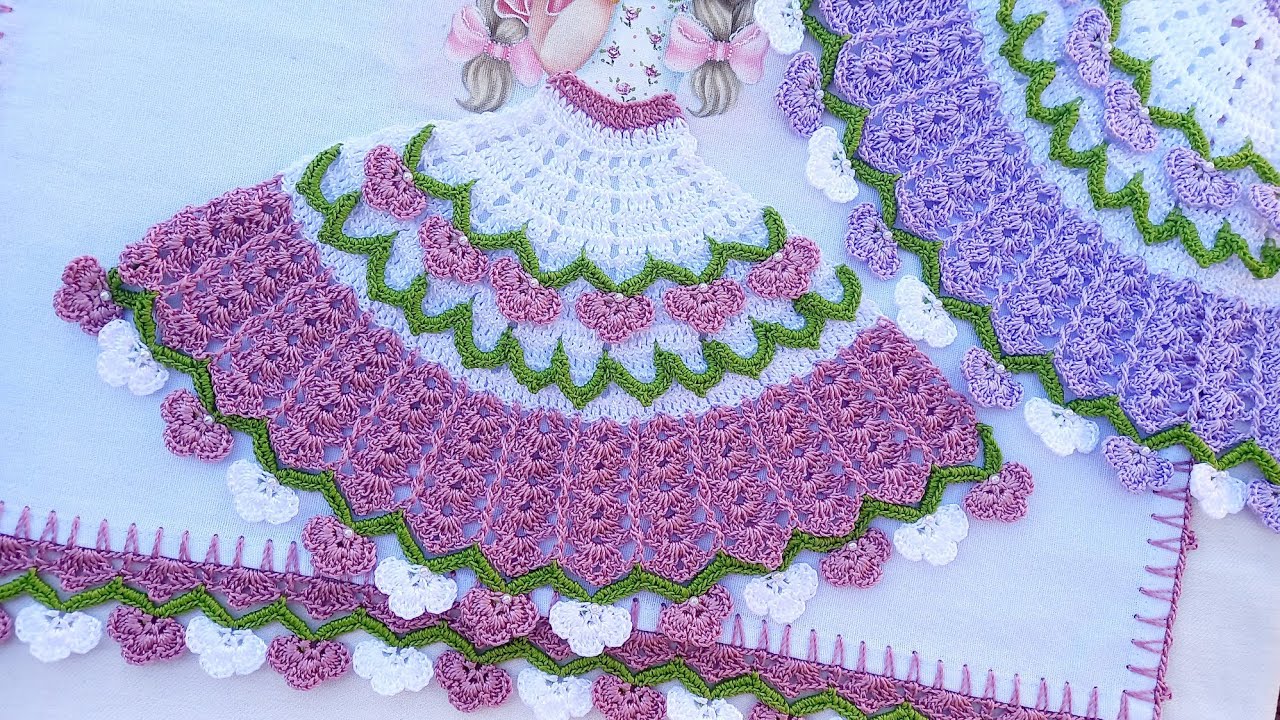 SAIA DE CROCHÊ PARA BONECA PINTADA NO PANO DE PRATO - FLORES🌺