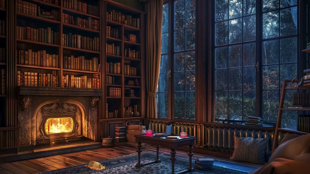 Rainy Evening in a Cozy Home Library | Soft Piano Jazz & Fireplace Glow Ambience