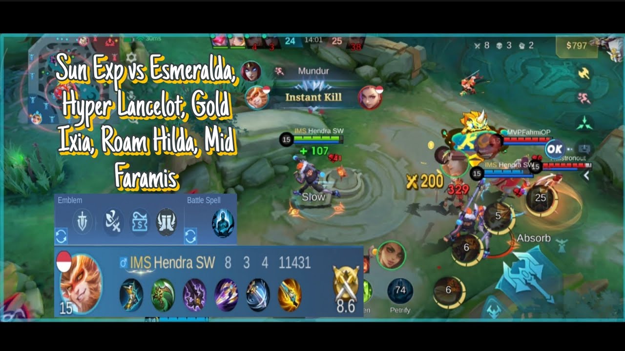 Sun exp Solo Rank Mythical Honor vs Esmeralda, Mid Faramis, Hyper Lancelot, Gold Ixia, Roam Hilda.