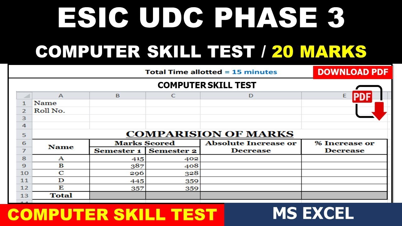 ESIC UDC COMPUTER SKILL TEST EXCEL PRACTICAL QUESTION WITH ANSWER EXAM LEVEL EXCEL