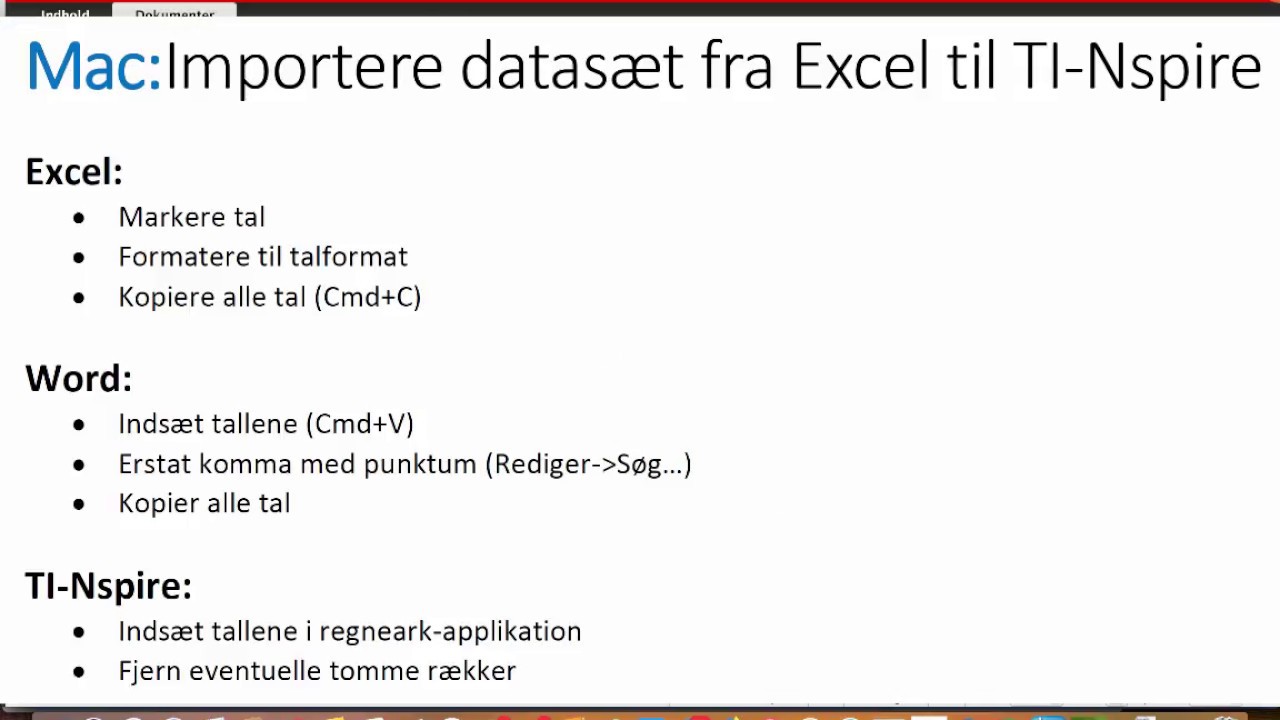 Mac: importere datasæt fra Excel til TI-Nspire vis Word