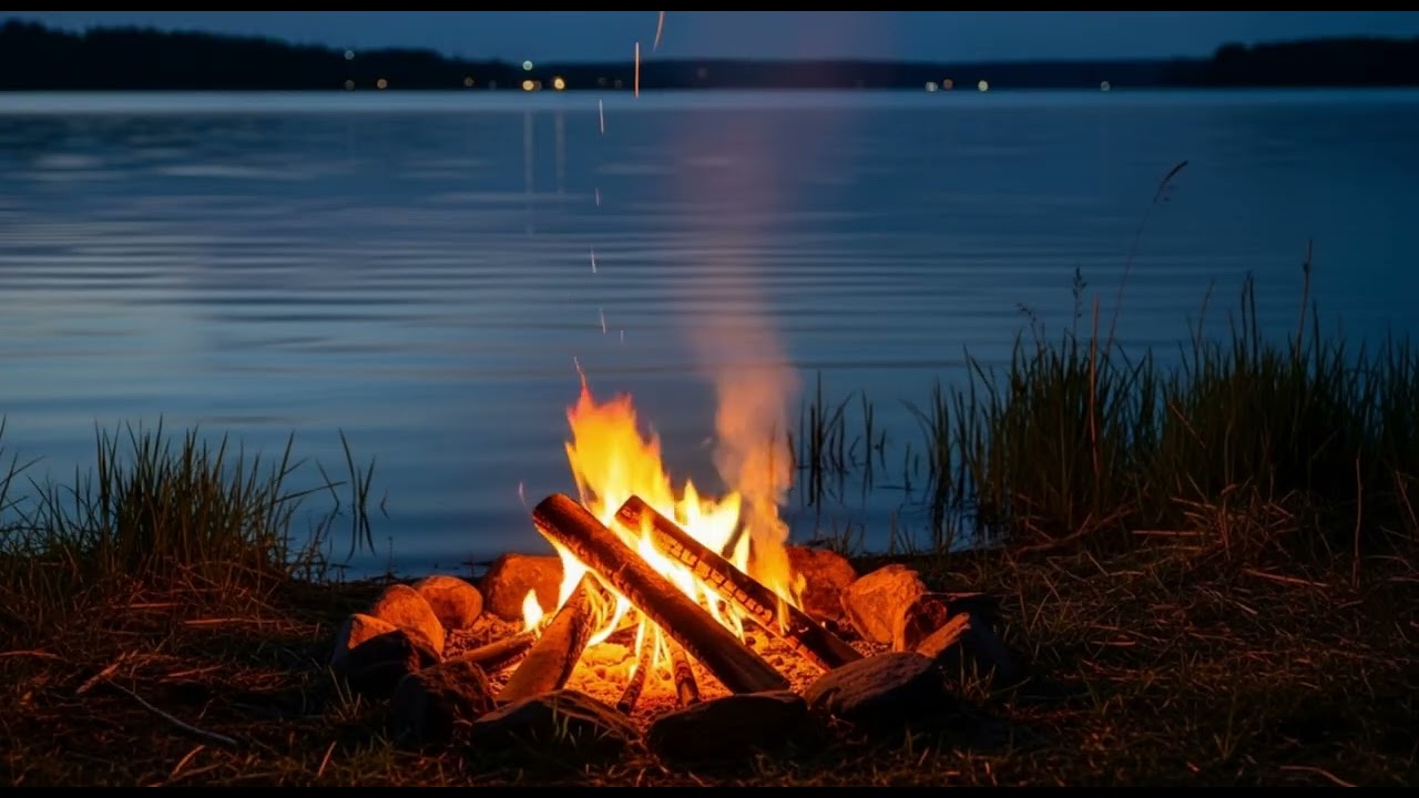 1 Hour Campfire by the Lake 🔥 Relaxing Fire Sounds | Night Nature Ambience