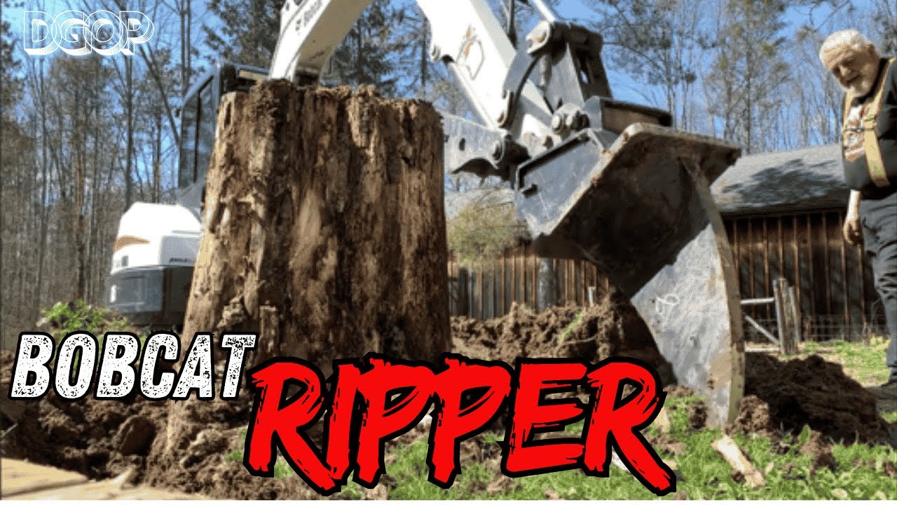 Chickens like Bobcats? New Bobcat ripper for E35 mini excavator removing stump