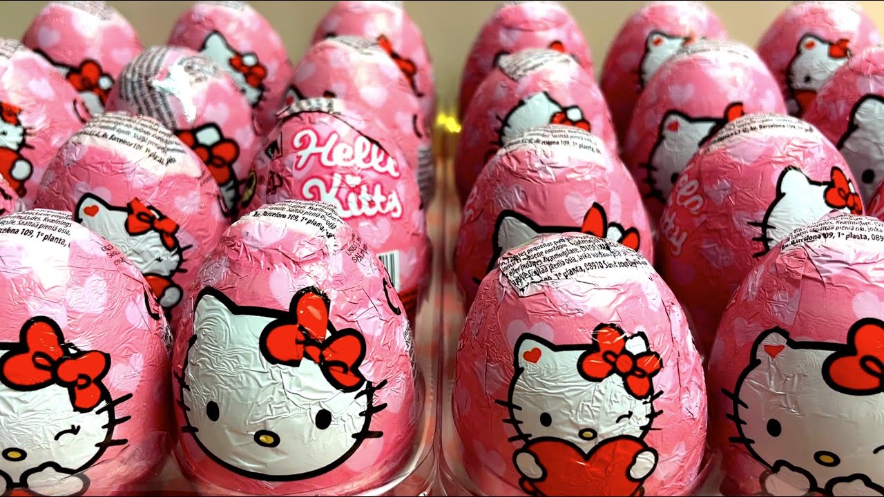 ASMR no talking PINK Unboxing - Chocolate Suprise Eggs Hello Kitty + ONE MORE SUPRISE!