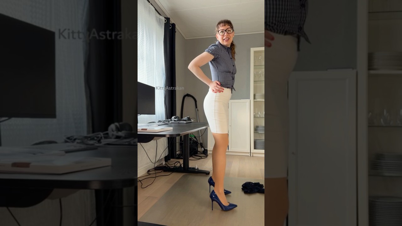 Wearing Falke blue pantyhose and trying on Wolford and Calzedonia at the office - KittyAstrakan