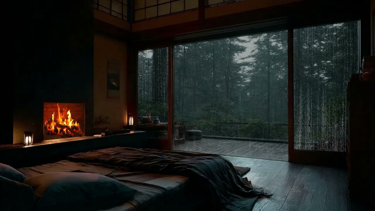 Heavy Rain in Modern Bedroom with Fireplace 🔥 Rain on Window for Deep Sleep & Relaxing