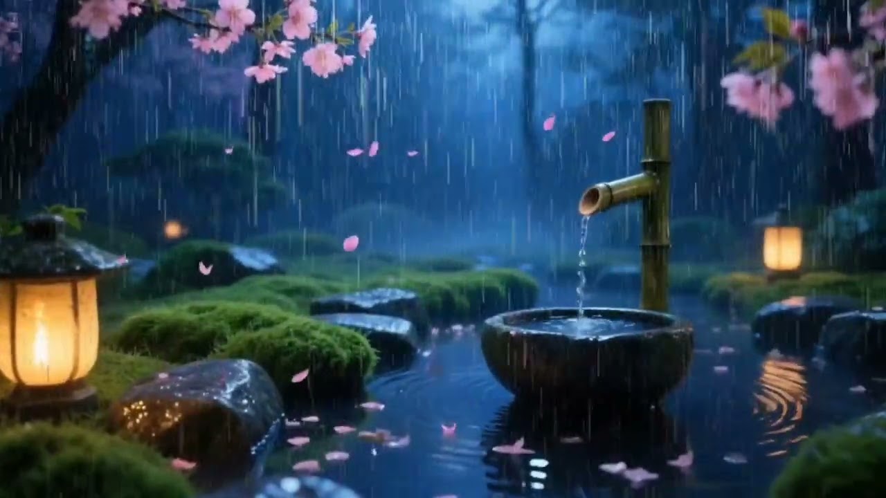 Gentle Night Rain and Piano in a Zen Garden | Sleep Aid and Total Calm