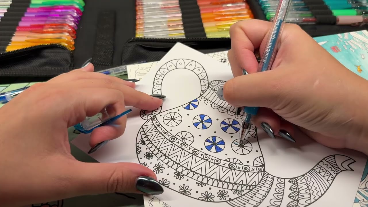 ASMR Coloring Book & Glitter Pens Whisper Ramble & Gum Chewing!