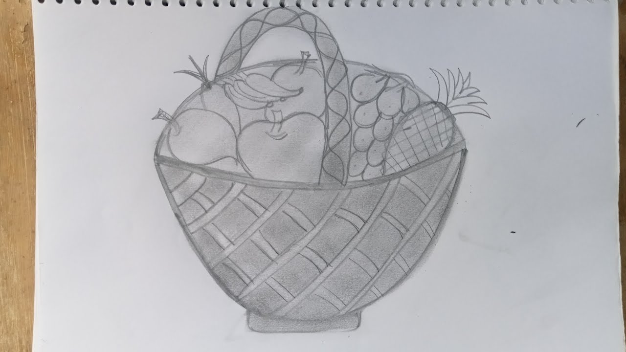 Fruits basket drawing/how to draw fruit basket step by step banana sikhen hand printing fruit basket