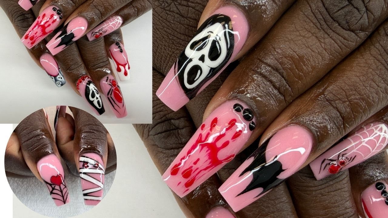 Halloween Nails Design Scream Ghostface Bloody Art | Fill Acrylic Nails Tutorial Step by Step