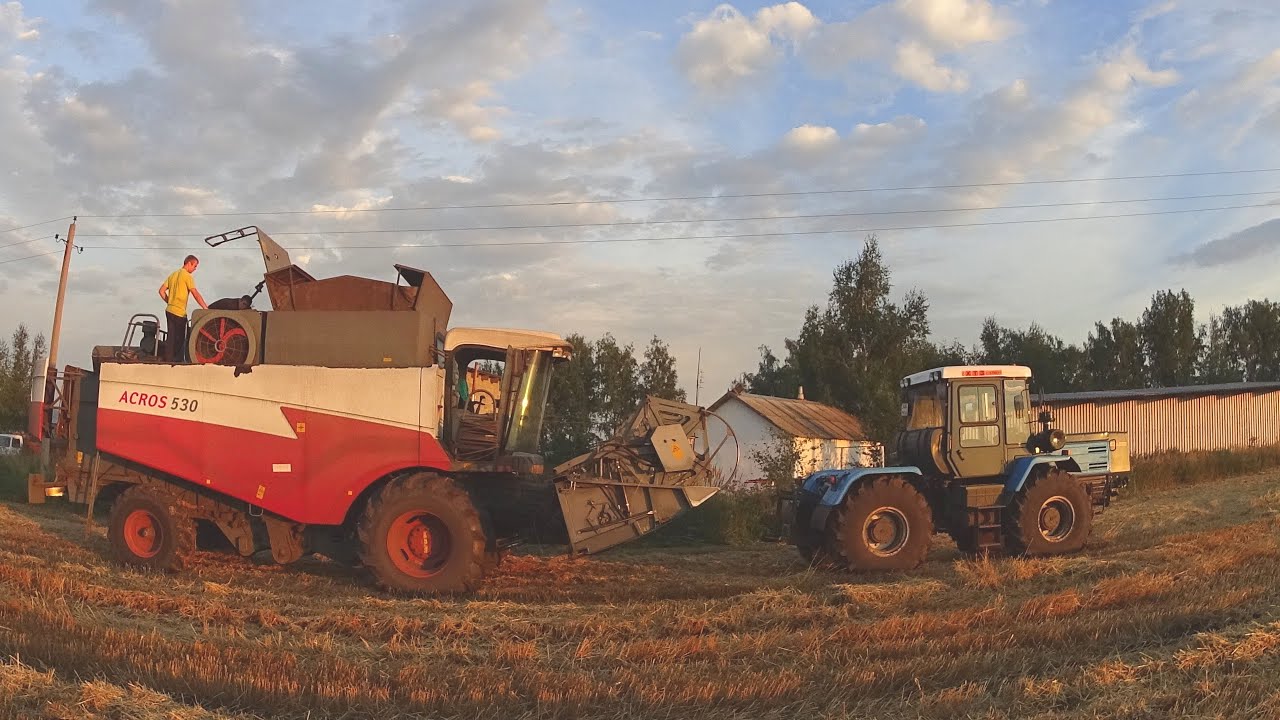Комбайны ломаются. Акрос-530 уезжает с поля на буксире ХТЗ-17221. Молотим пшеницу на семена.