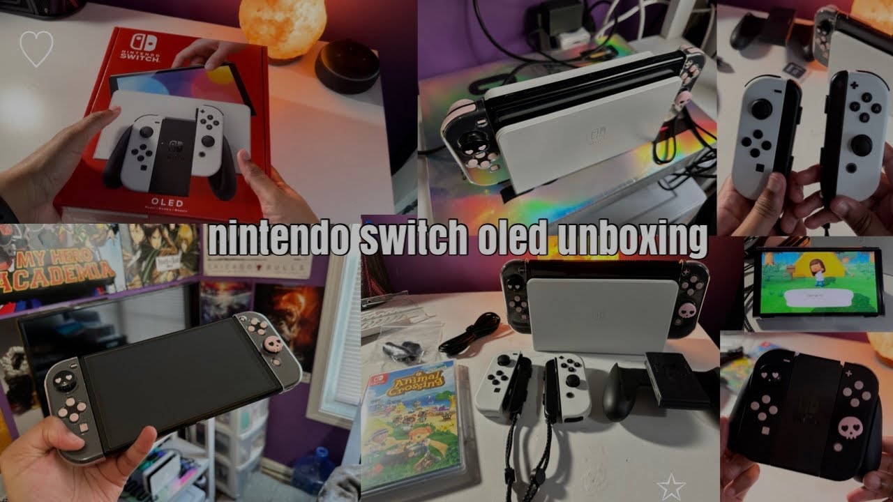unboxing the white nintendo switch oled🤍+ animal crossing & unboxing accessories (aesthetic) ꨄ