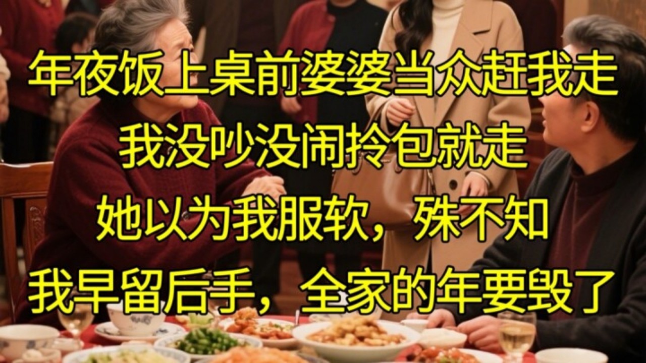 年夜飯上桌前婆婆當眾趕我走，我沒吵沒鬧拎包就走，她以為我服軟，殊不知我早留後手，全家的年要毀了#家庭情感 #情感故事 #故事 #故事分享 #人生百态
