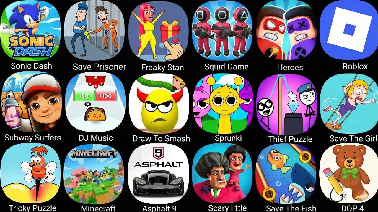 Huggy Story, Minecraft, DJ Music Run, Roblox, PAC-MAN, DOP, Tricky Puzzle, Prisoner and many more!