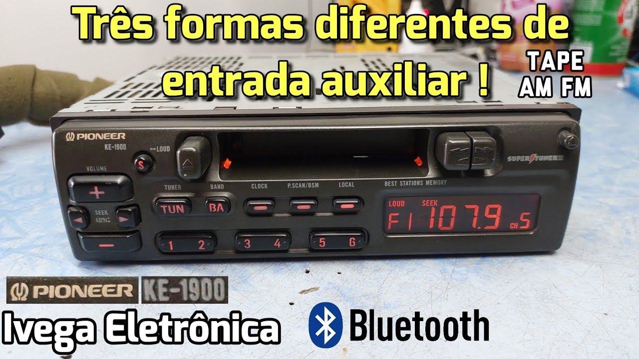Entrada auxiliar pioneer KE-1900, de três formas diferentes, para bluetooth.