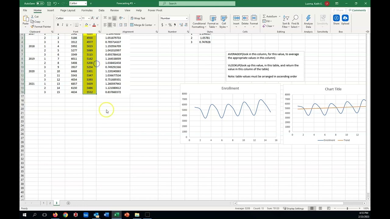 Seasonal forecasting: linear trend model with multiplicative indices (Excel)