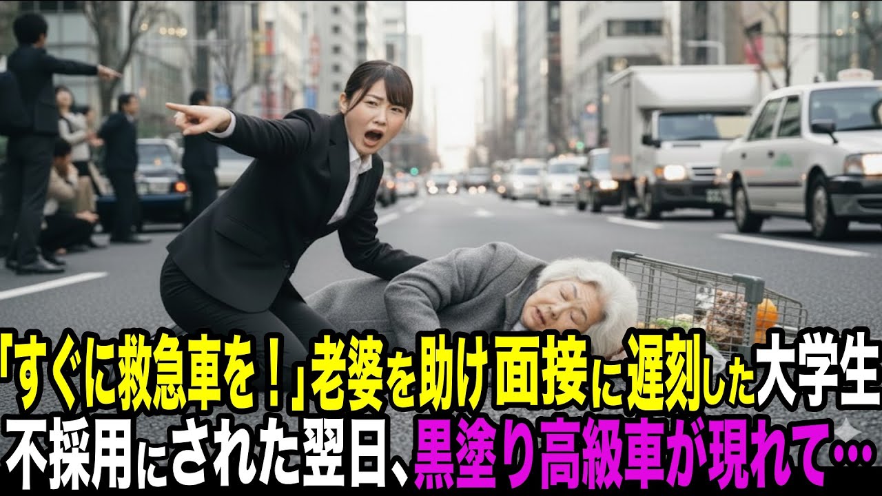 事故で倒れた老婆を助けて面接に遅刻した大学生。面接官に嘲笑され絶望する彼女の元に黒塗りの高級車が現れて…