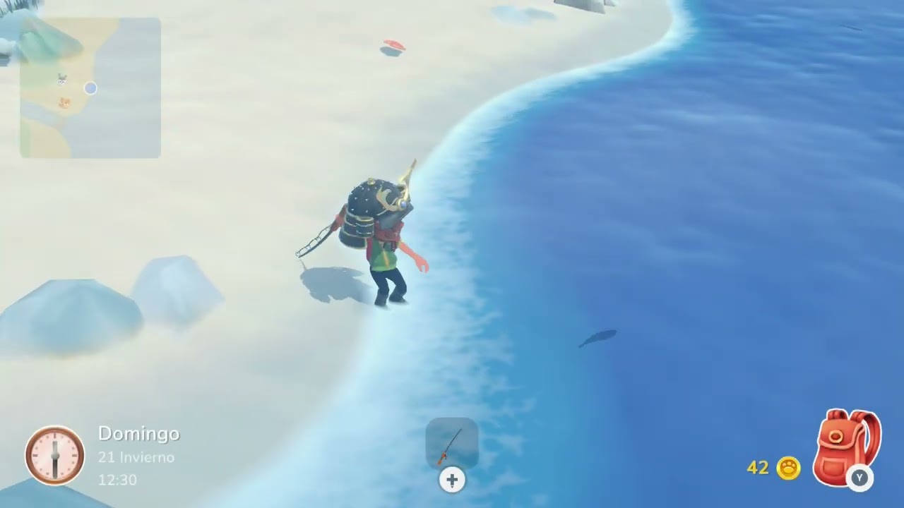 Pescando peces acompañado por cofres del tesoro hokko Life 